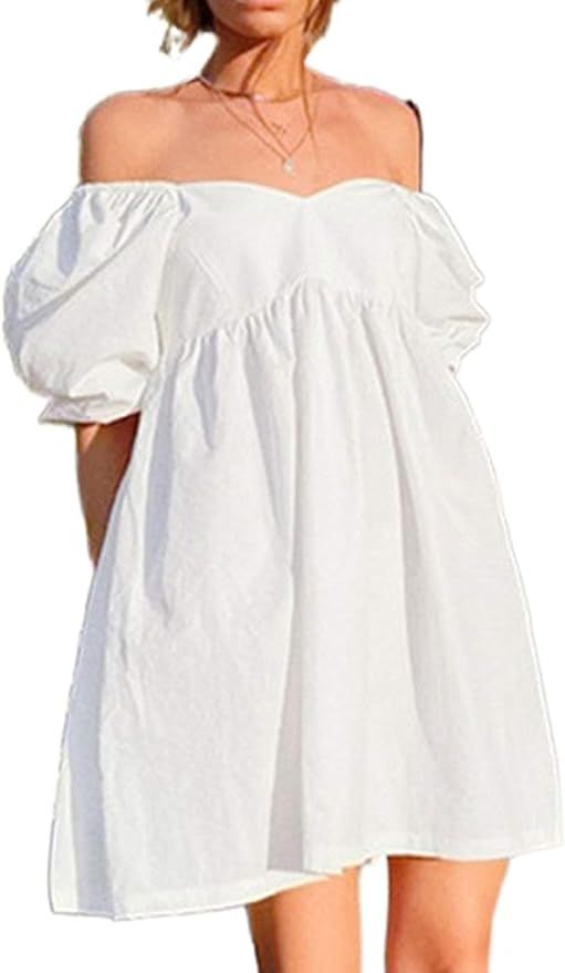 Qiaomai Womens Elegant A-Line V Neck Short Puff Sleeve High-Rise Mini Cotton Dress | Amazon (US)