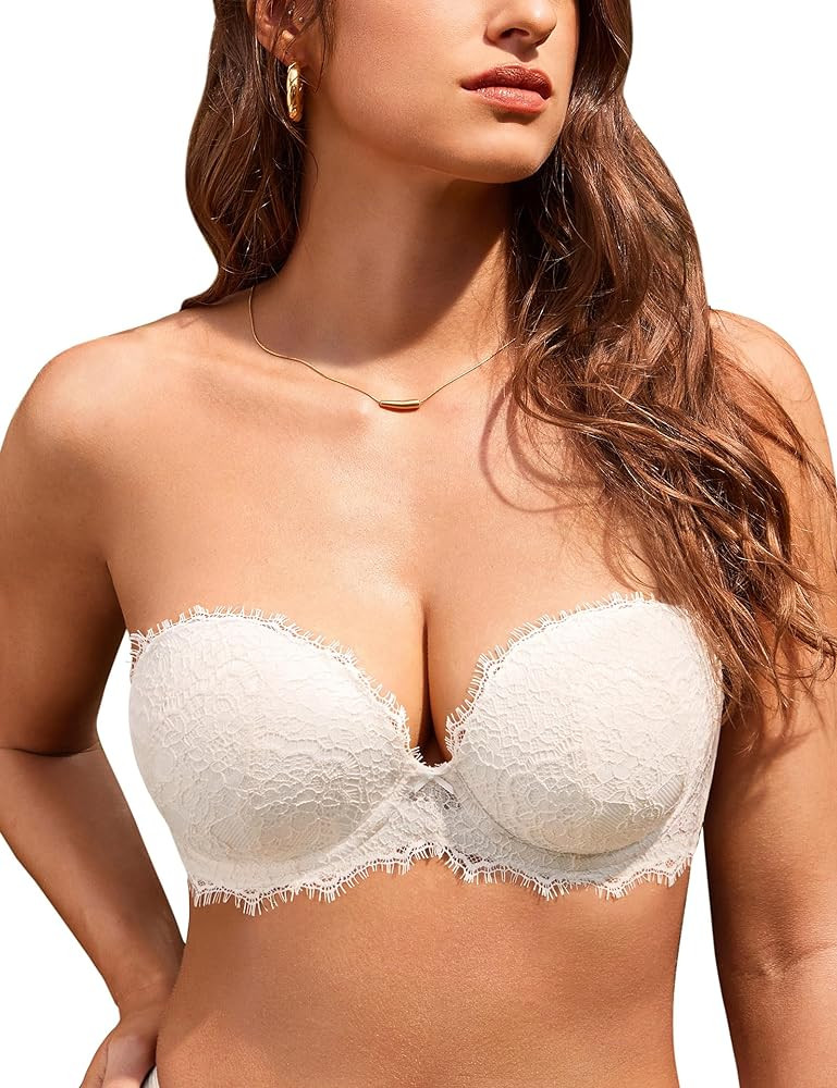 DOBREVA Women's Strapless Push Up Bra Lace Plunge Padded Underwire Bras Add 1 Cup | Amazon (US)