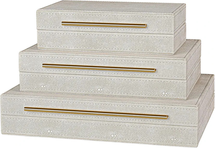 Elegant Set of 3 Ivory Shagreen Decorative Boxes with Velvet Lining and Golden Handles - Versatil... | Amazon (US)