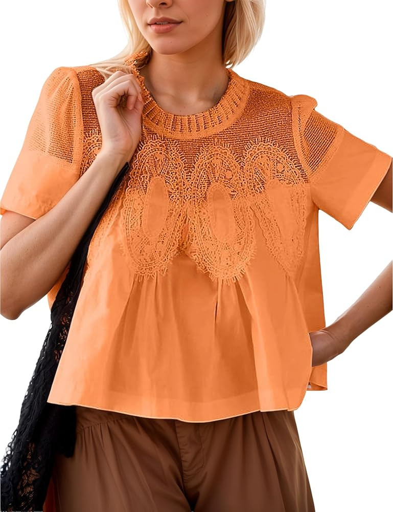 Women's Lace Short Sleeve Top Summer Boho Blouse Crew Neck Flowy Mesh Swing Top | Amazon (US)
