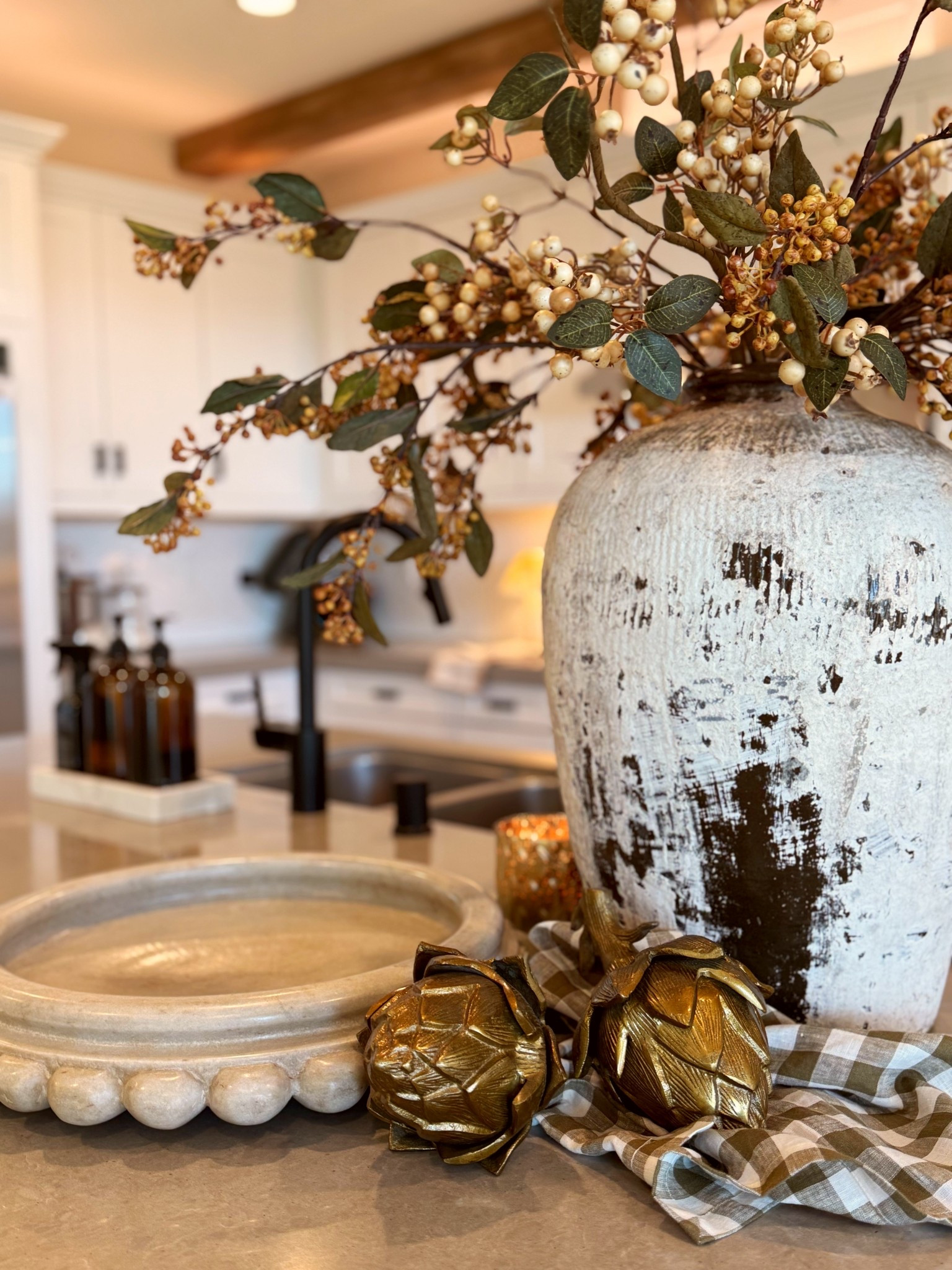 Kitchen island winter styling. 
. 
. 
NOTE: Stems were sourced at Homegoods and At Home. I did my best to link similar options.  

 #LTKU #LTKHome #LTKFindsUnder50