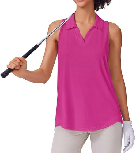 PINSPARK Golf Shirts for Woman UPF 50+ Sleeveless Tennis T-Shirt V-Neck Collared Sports Tops Racerback Polo T Shirts Solid Athletic Tank Polo Side Slits Workout Tops, Hot Pink M | Amazon (US)