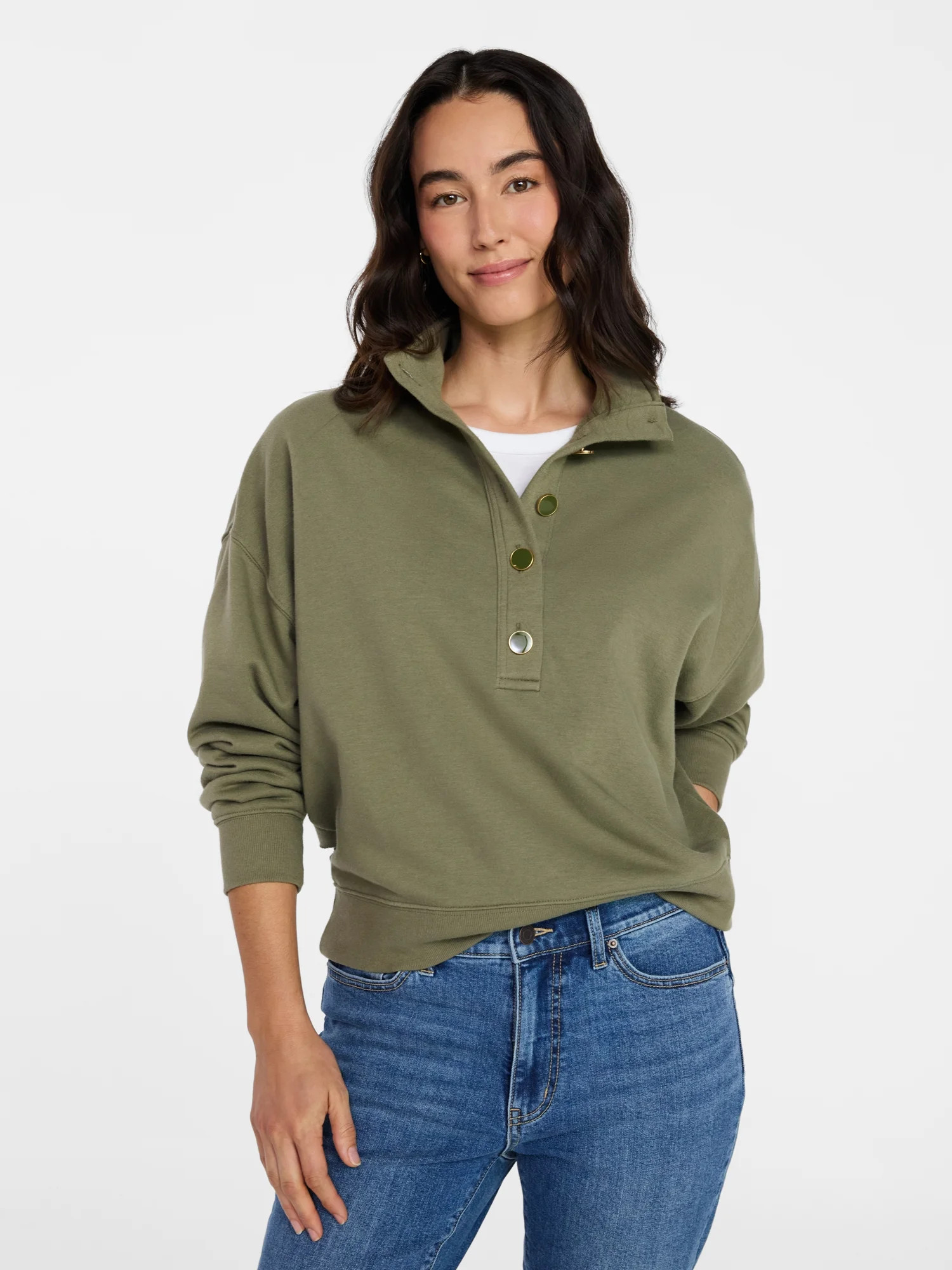 Time and Tru Women's Quarter Button Fleece Top with Long Sleeves, Size XS-4X | Walmart (US)