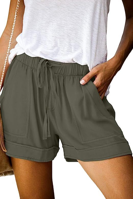 QUEEN PLUS Womens Comfy Shorts Casual Elastic Waist Drawstring Pocketed Shorts Pants | Amazon (US)