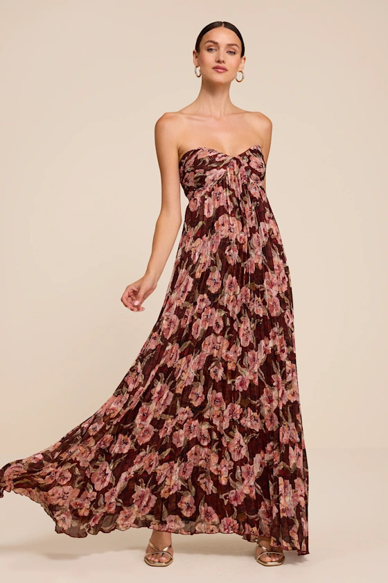 Nola Brown Floral Pleated Strapless Maxi Dress | Lulus