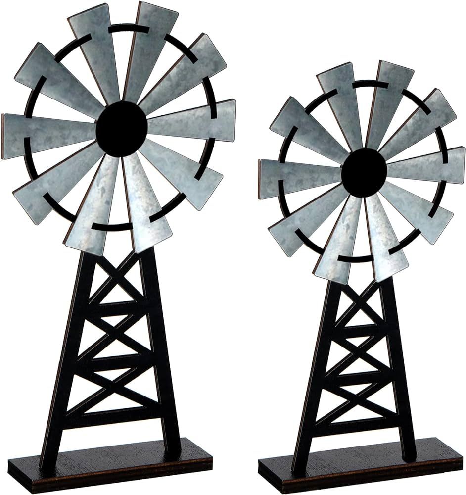 Set of 2 Wooden Farmhouse Windmill Table Top Decor Wood Small Distressed Windmill Table Decor Bla... | Amazon (US)