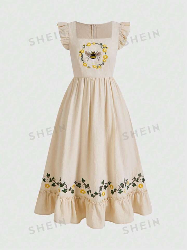ROMWE Fairycore Vintage Cottagecore Women's Bee Embroidery Flutter Sleeve Dress With Country Styl... | SHEIN