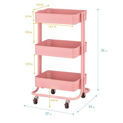 ECR4Kids 3-Tier Metal Rolling Utility Storage Cart, Multipurpose Organization, Pink | Target