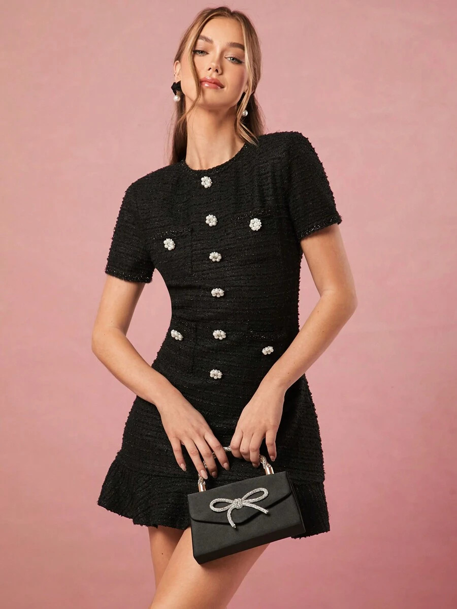 Enchnt Spring/Summer Romantic Women's Black Exquisite Pearl Buttons Decor Round Neck Short Sleeve... | SHEIN