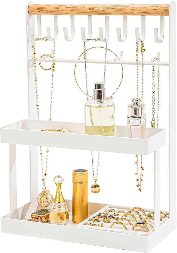 4-Tier Jewelry Organizer Stand with 12 Hooks & Velvet Ring Tray, Necklace Holder, Tangle-Free Jew... | Amazon (US)