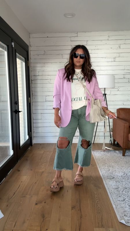 Blazer & jeans are OOS, but I found the jeans on Macy’s!  And linked up similar blazers!
Graphic tee + sunnies are launching soon!
Jean: TTS
SANDALS: if half size, go up to nearest whole


#LTKstyletip #LTKfindsunder50 #LTKmidsize