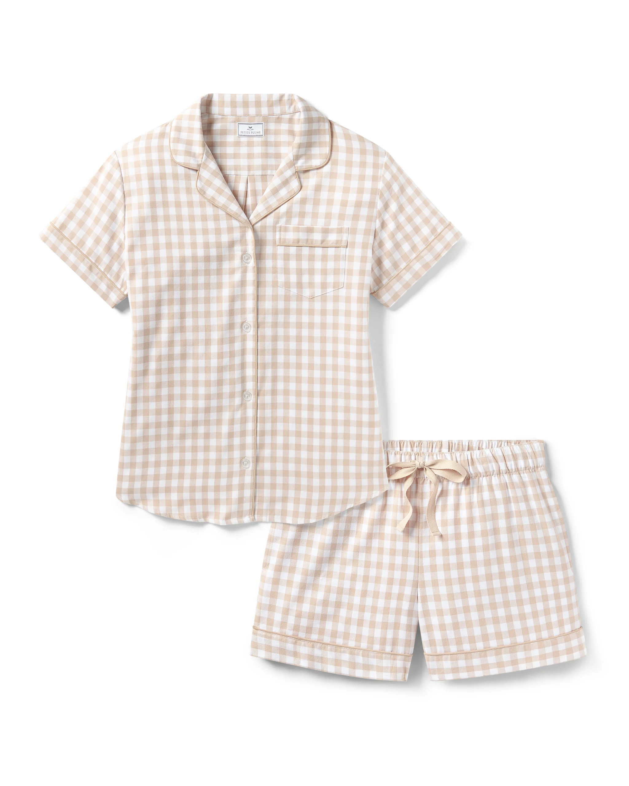 Women's Twill Short Sleeve Short Set in Camel Gingham | Petite Plume