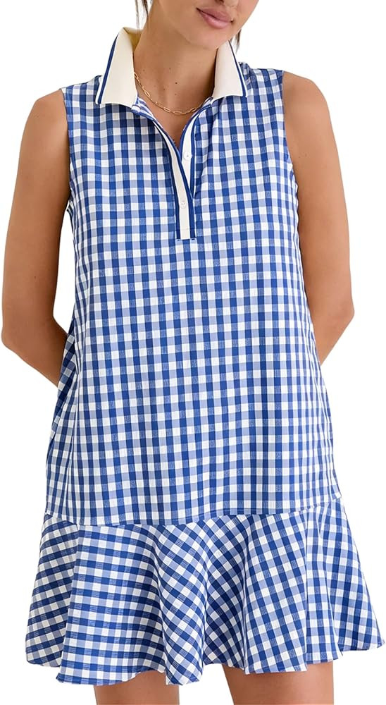 Womens Gingham Polo Dress V Neck Sleeveless Ruffled Hem Mini Dresses Plaid Button Front Tennis Dr... | Amazon (US)