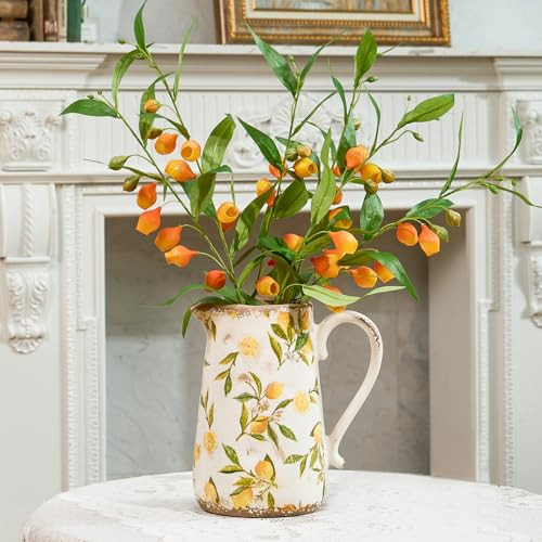 Vintage Lemon Ceramic Vase with Handle, Retro Ice Glazed Crack Farmhouse Pitcher Vase for Home Decor, Living Room, Shelf, Office, Rustic Table Centerpiece 9 Inch | Amazon (US)