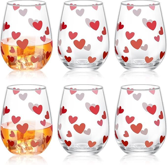 Maxcheck 6 Pack 16 oz Heart Valentine's Day Wine Glass Set Valentine's Day Stemless Glasses with ... | Amazon (US)