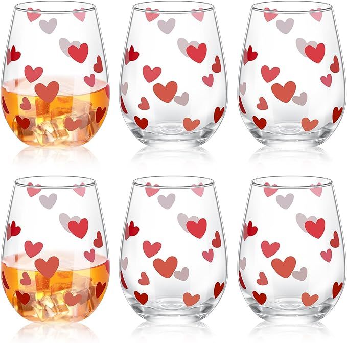 Maxcheck 6 Pack 16 oz Heart Valentine's Day Wine Glass Set Valentine's Day Stemless Glasses with ... | Amazon (US)