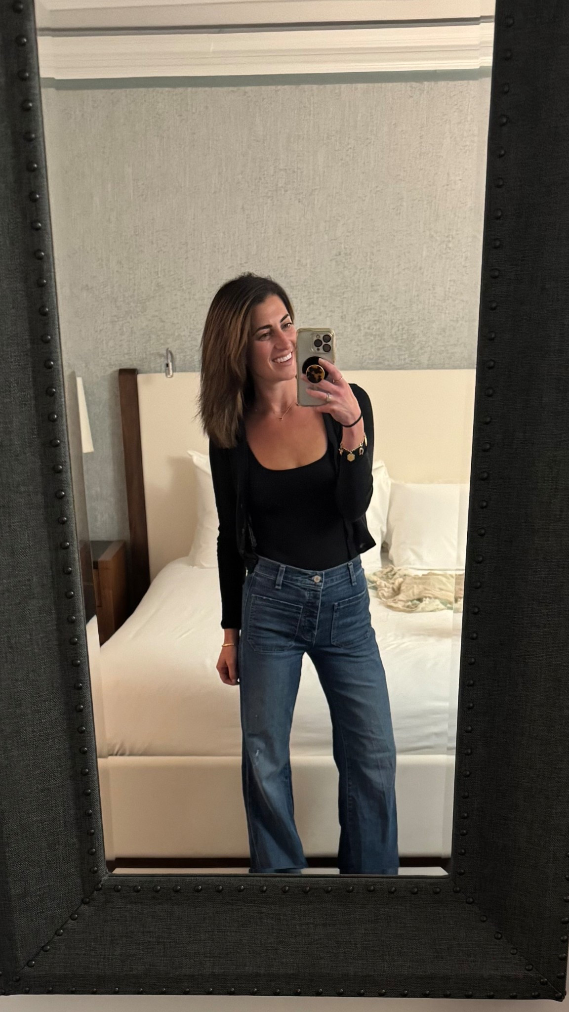 Fall bodysuit with collared sweater flared front pocket denim 

#LTKSeasonal #LTKPetite #LTKFallSale