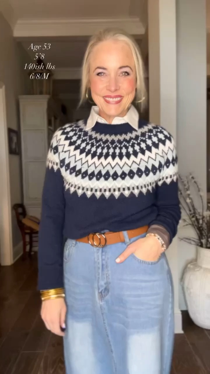 This is giving me all the J.CREW & Ralph Lauren vibes but at a Target, Amazon, and Walmart price tag. And this denim midi skirt is pear-shaped approved! Light wash on front of skirt is not as much of a contrast in real life as it appears to be here. I’m also wearing my new secret weapon… a fake collar!  Where have you even all my life??? All the cuteness and none of the added bulk 🙌🏻I’m wearing a medium in everything. 

#LTKover40 #LTKmidsize #LTKSeasonal