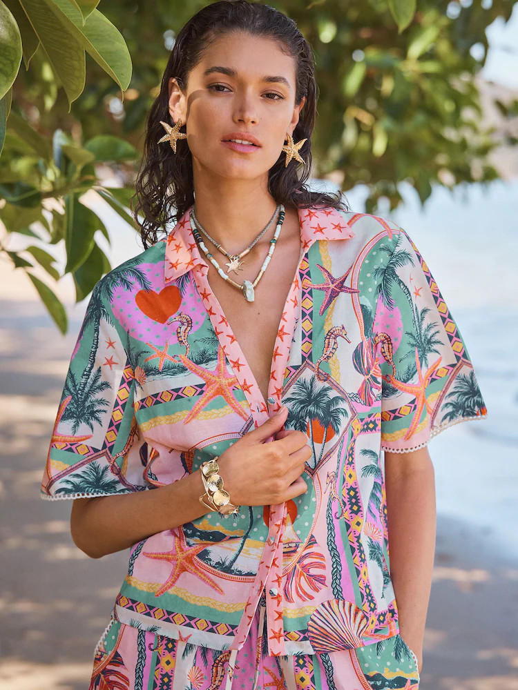 Kopen  Pink Palm Print Linen Blend - Love & Roses strand-overhemd van Next Nederland | Next EU