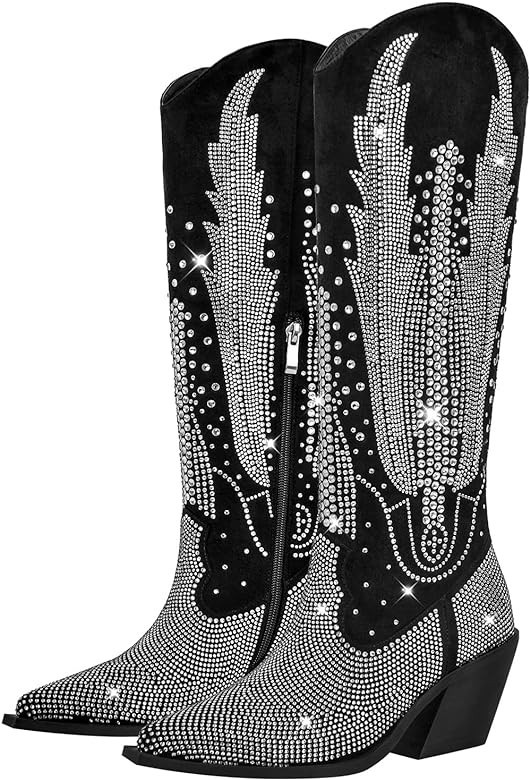LISHAN Women's Bling bling Heel Knee High Boots Rhinestone Chunky Block Heel Pull on Shoes | Amazon (US)