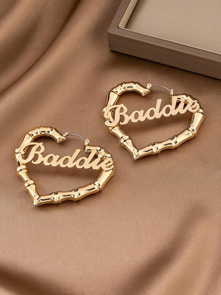 1pair Metallic Punk Bamboo Joint Geometric Heart Shaped Hollow Out Letter Detail Hoop Earrings, V... | SHEIN