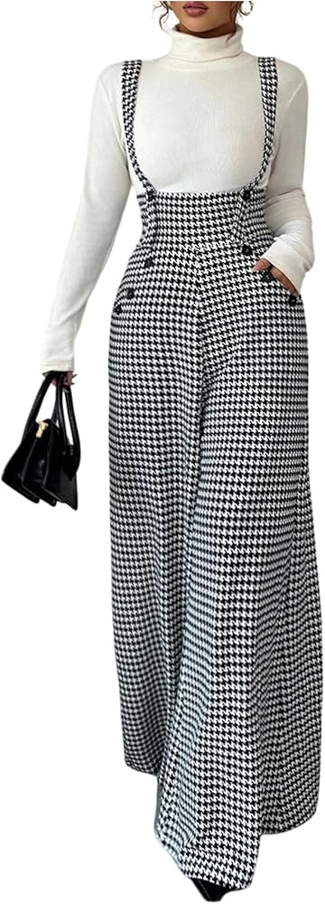 Women's Houndstooth Jumpsuits Old Money Button Front Work Pants     Pockets, Houndstooth Print, B... | Amazon (US)