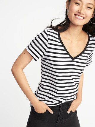 Old Navy Womens Everywear Curved-Hem V-Neck Tee For Women Black/White Stripe Size L | Old Navy US