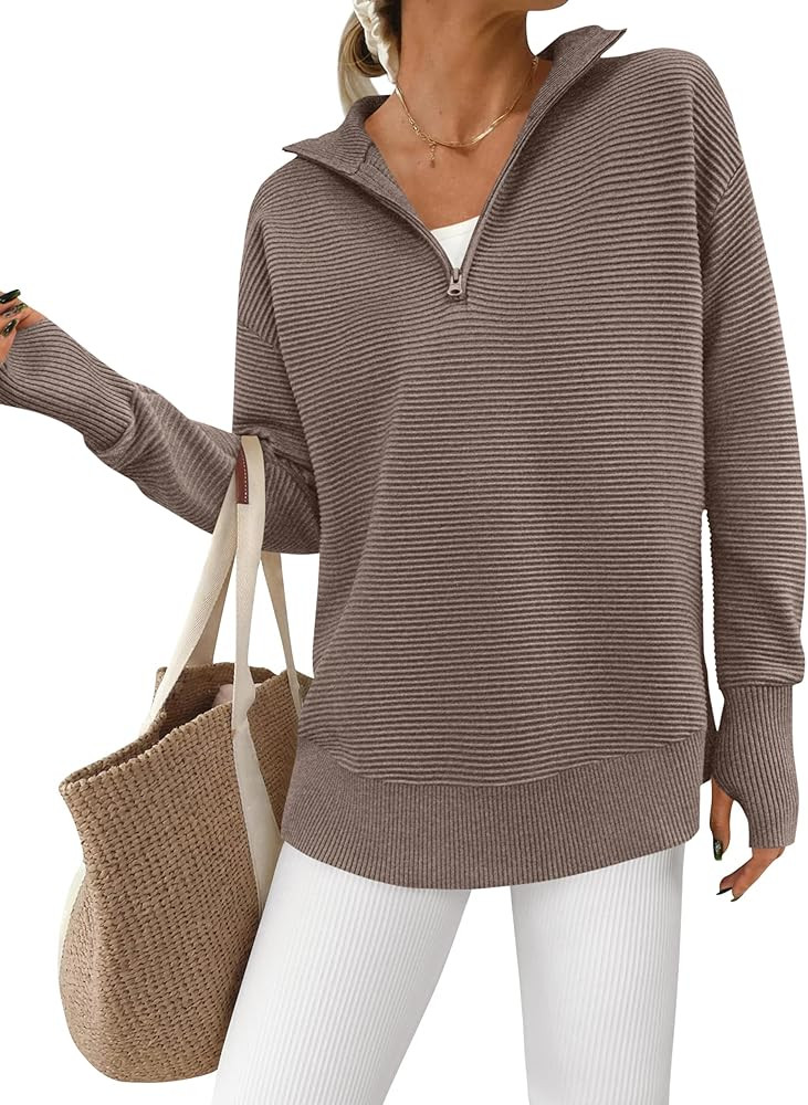 PRETTYGARDEN Womens Long Sleeve Quarter Zip Pullover Sweater Casual Loose V Neck Collared Ribbed ... | Amazon (US)
