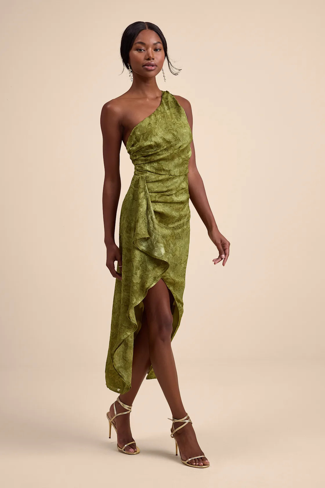 Vasia Olive Green Jacquard One-Shoulder Midi Dress | Lulus