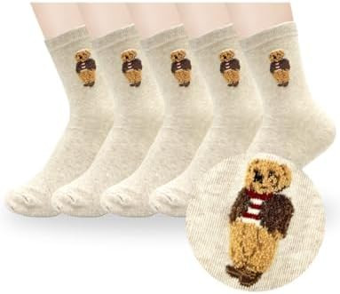 5 Pairs Cute Bear Cotton Crew Socks, Size 4-7 | Amazon (US)