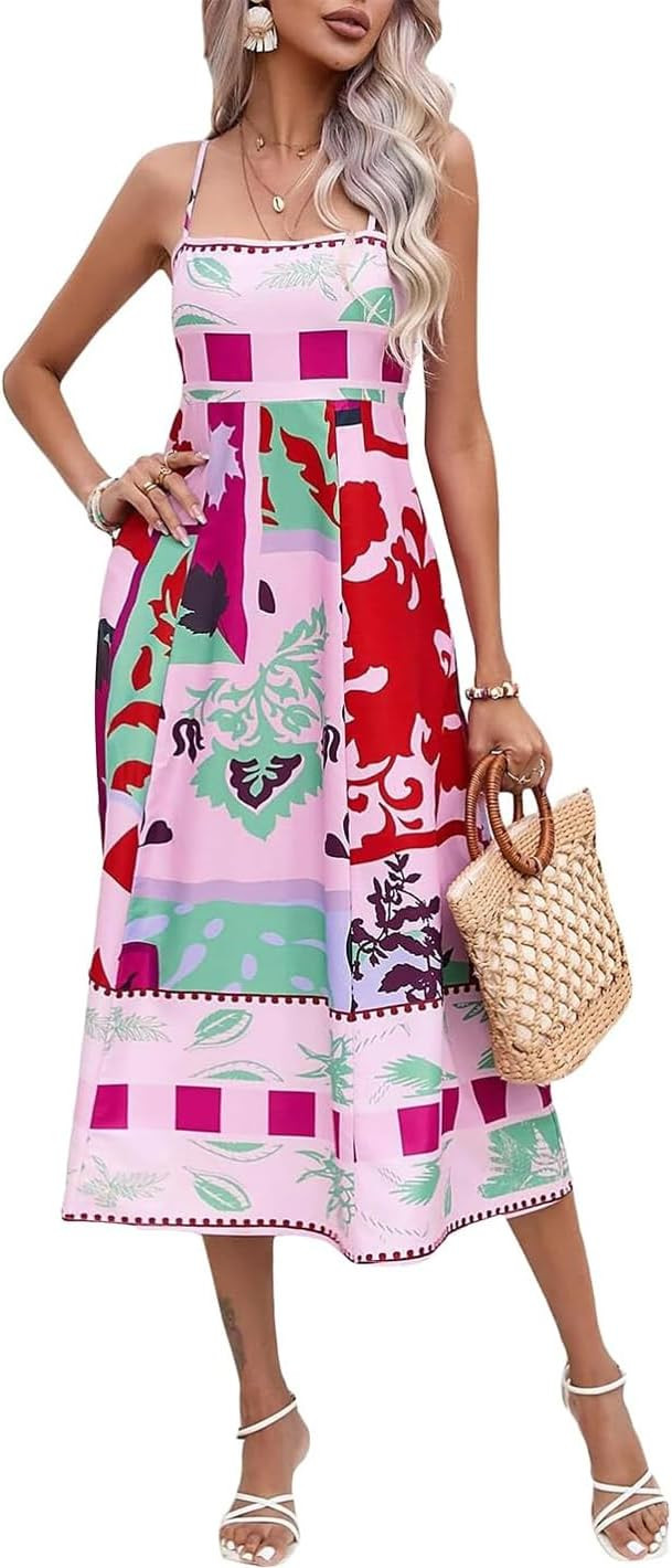 Women Graffiti Printed Maxi Cami Dress Square Neck Sleeveless Spaghetti Strap Boho Dress Flowy Sw... | Amazon (US)