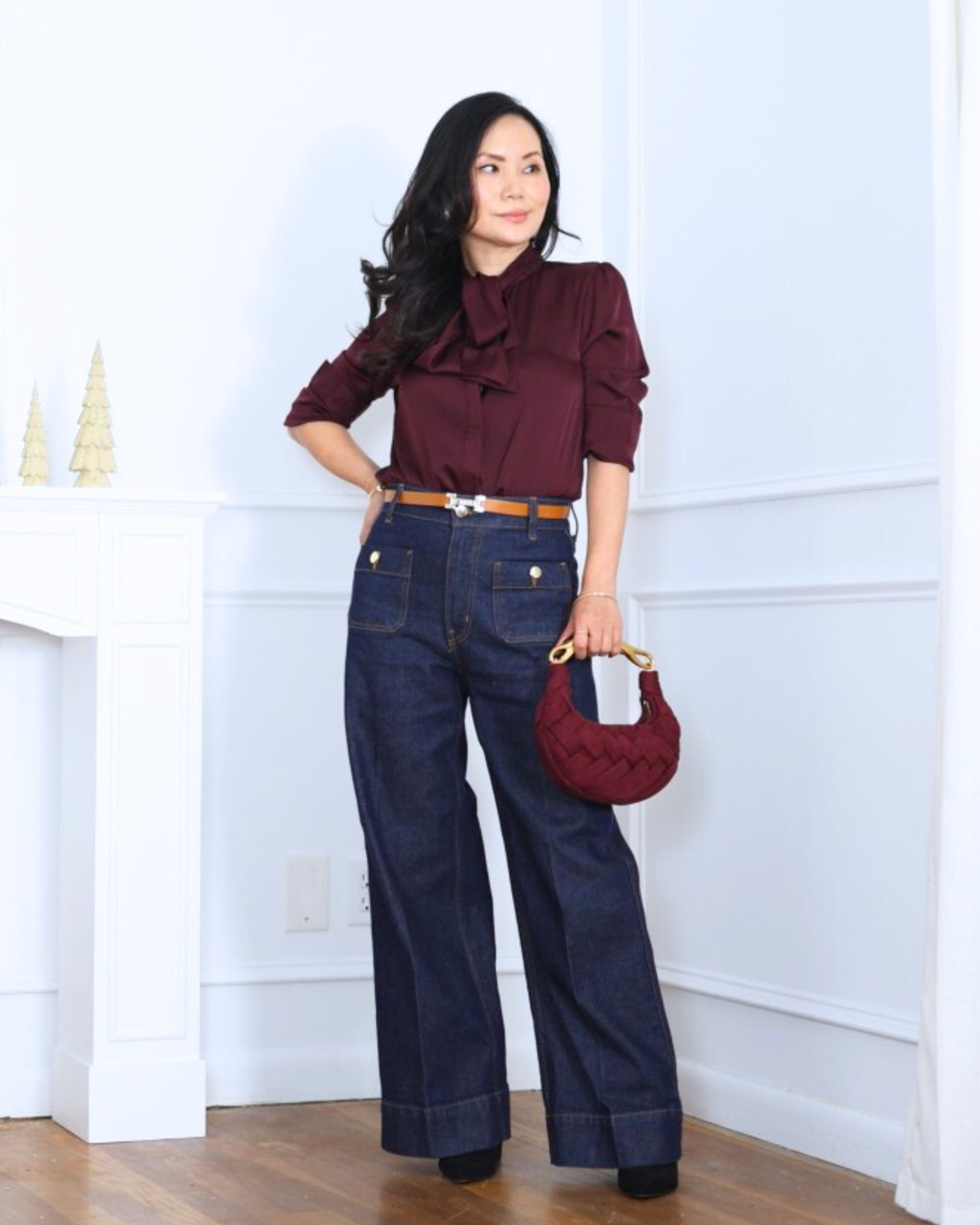 Elevated basics done right — a silk tie-neck top from Quince paired with wide-leg jeans from H&M for a look that’s effortless, modern, and quietly polished. I’m 5’2, wearing size XS.

#LTKHoliday #LTKOver40 #LTKPetite