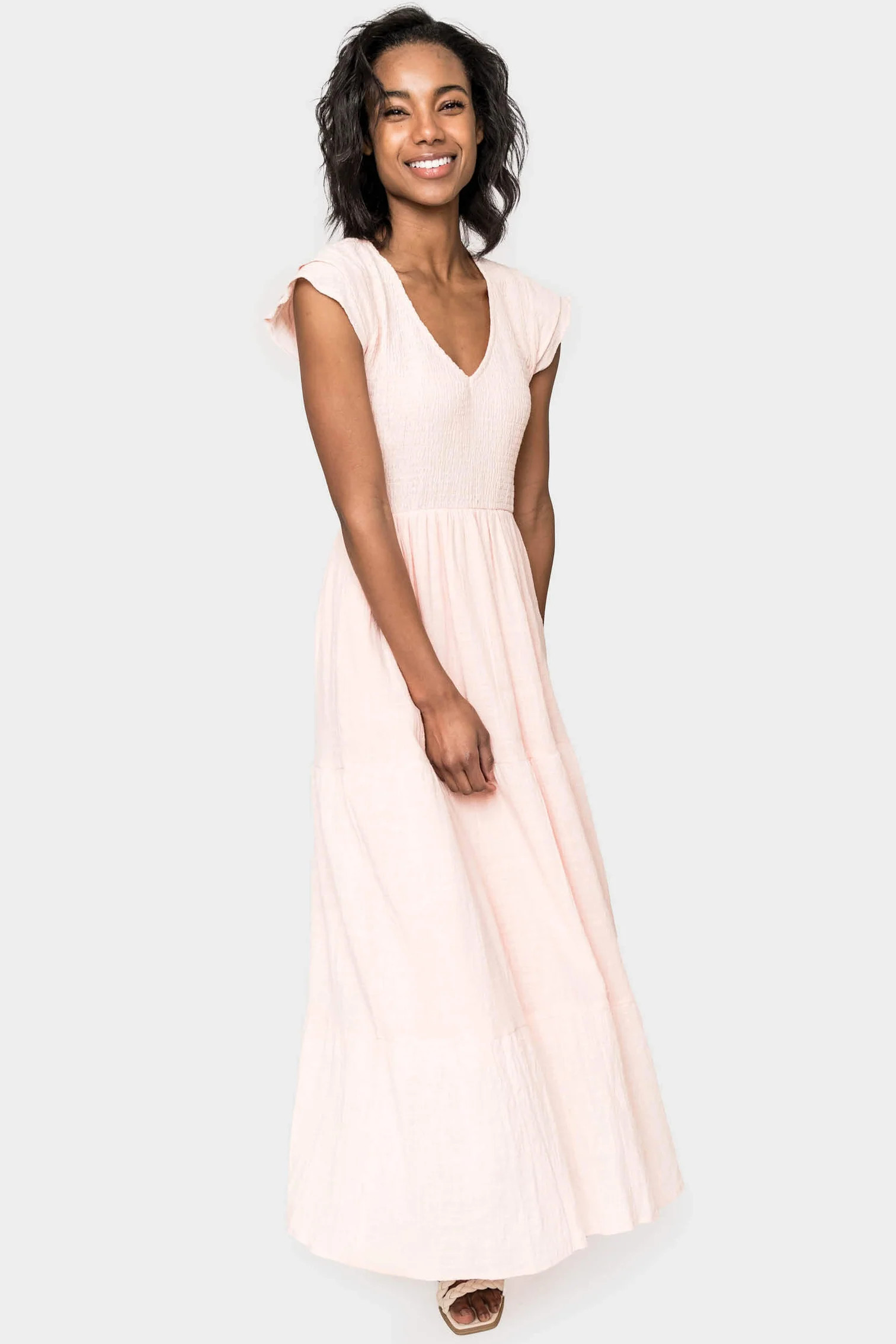 Flutter Sleeve Smocked V-Neck Tiered Maxi Dress | Gibson