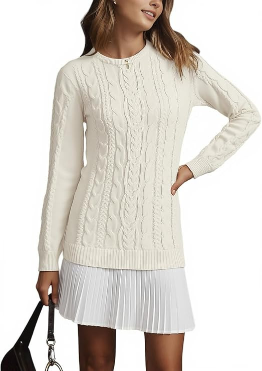 Angashion Women's Cable Knit Sweater Dress: Crewneck Long Sleeve Fall Winter Mini Sweater Dress | Amazon (US)