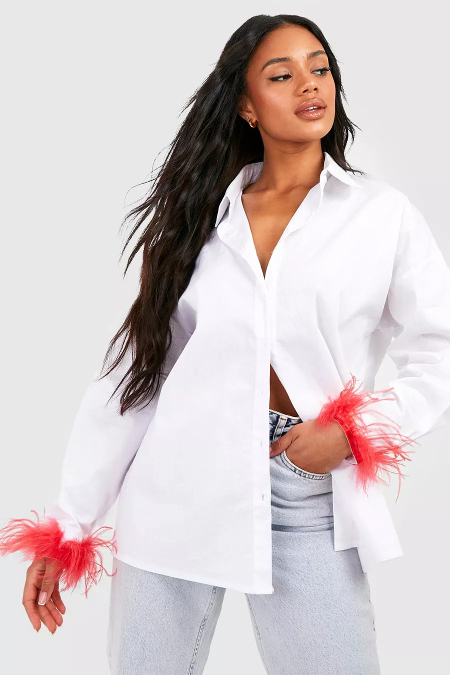 Cotton Poplin Oversized Feather Cuff Shirt | Boohoo.com (US & CA)