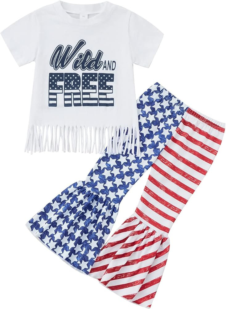 Toddler Baby Girl 4th of July Outfit American Flag Print Bell Bottom Pants Shirt Girls Independen... | Amazon (US)