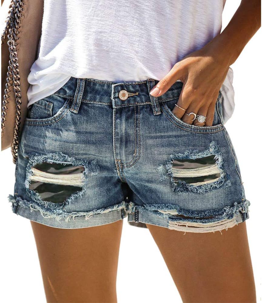 Women’s Casual Jean Shorts Mid Rise Rolled Hem Patchwork Ripped Denim Shorts with Pockets | Amazon (US)
