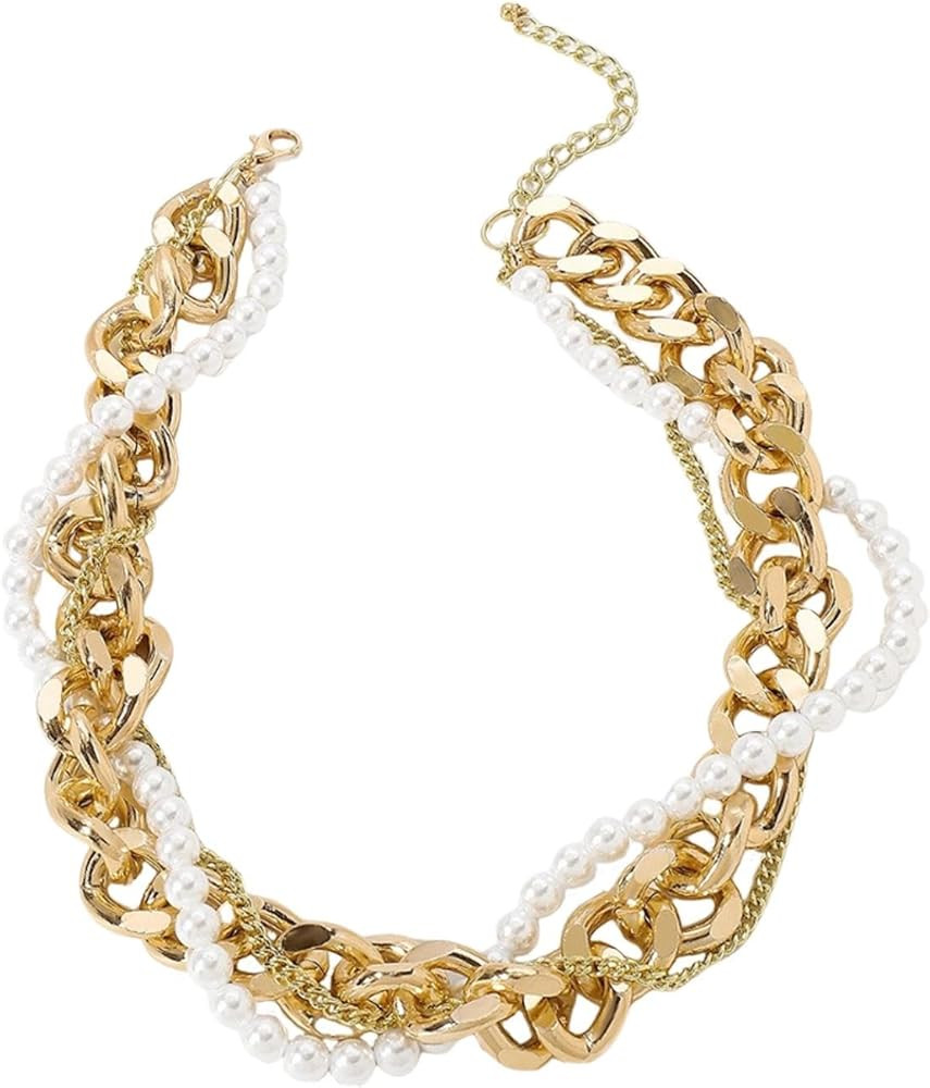 Chunky Layered Gold Pearl Choker Necklace for Women,Vintage Wrapped Thick Cuban Chain Statement N... | Amazon (US)