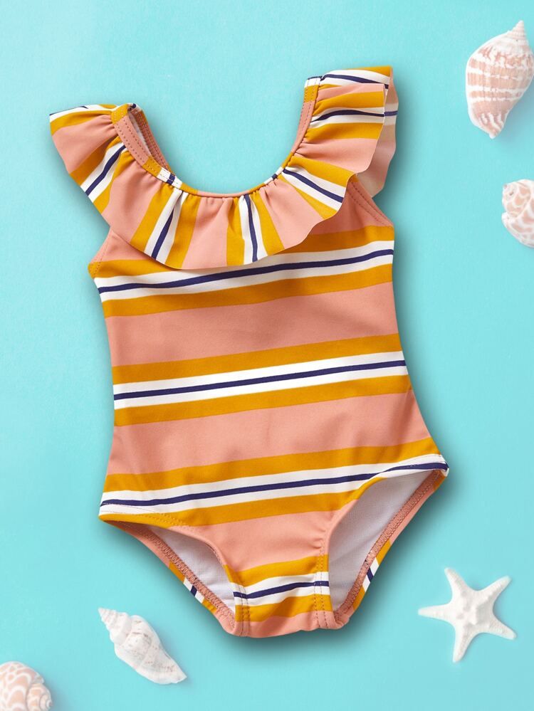 Baby Girl Striped Ruffle Trim One Piece swimsuit | SHEIN