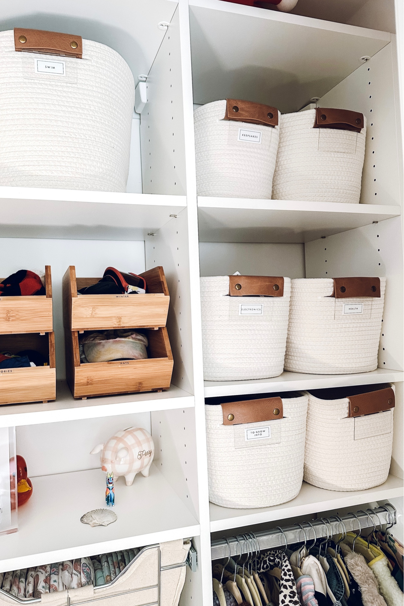 Closet organization✨ Decorative Coiled Rope Basket - Brightroom. The Container Store Stacking Bamboo Bin. The Home Edit By IDesign Clear Bin Clip.