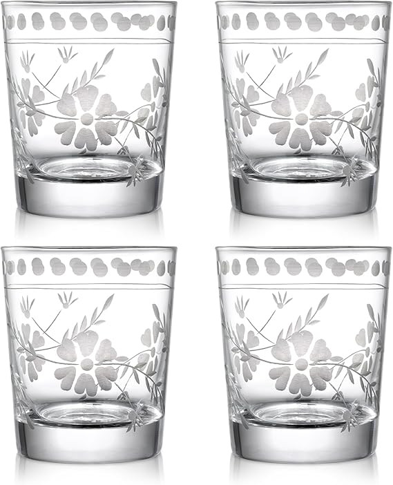 Joeyan Hand Blown Etched Drinking Glasses,Clear Water Glass Cups with Floral Pattern,Aesthetic Tu... | Amazon (US)