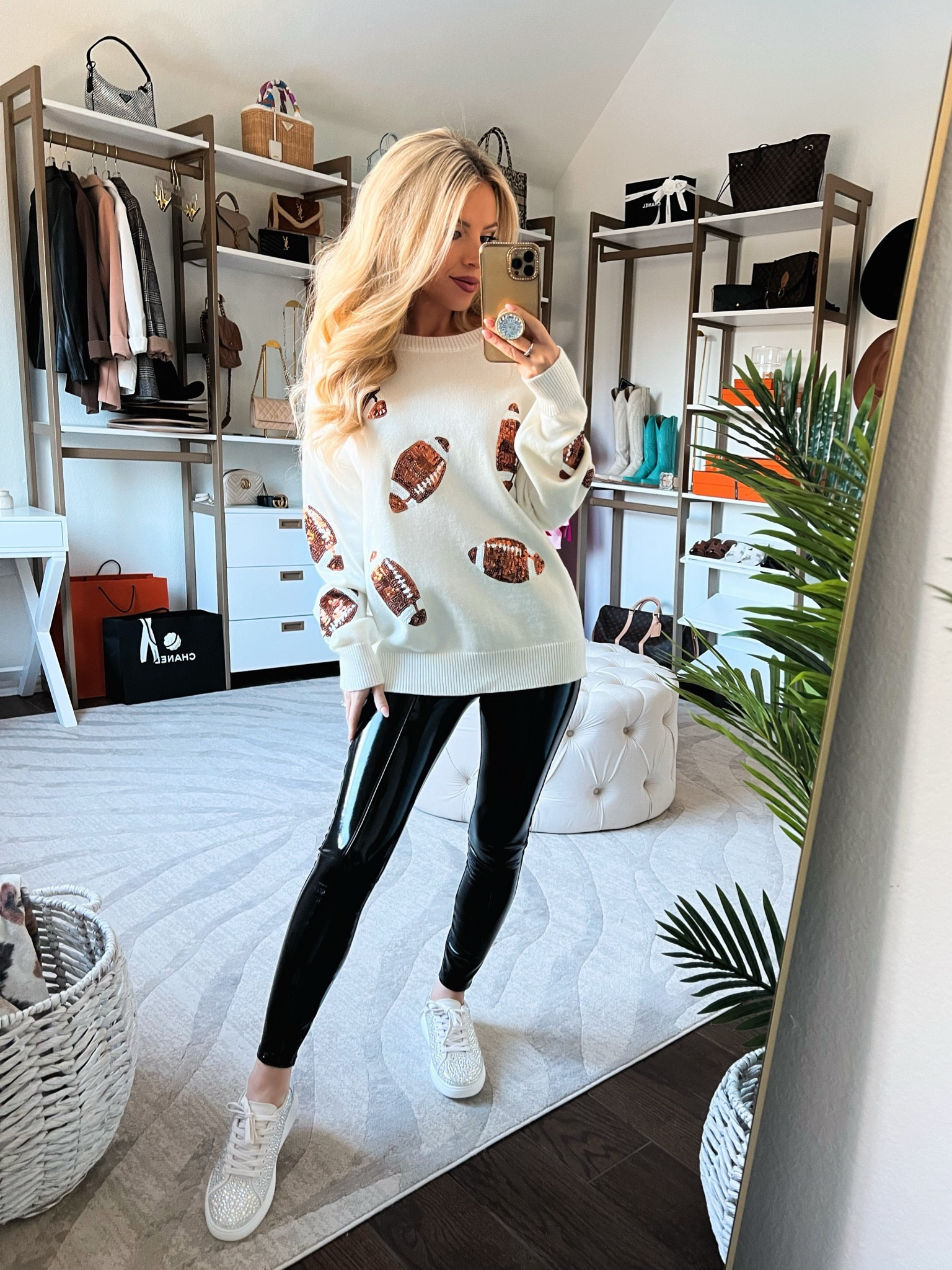 Game day outfit. Superbowl outfit. Football sweater. Spanx patent leather leggings. Sparkly sneakers. 

#LTKSeasonal #LTKshoecrush #LTKparties