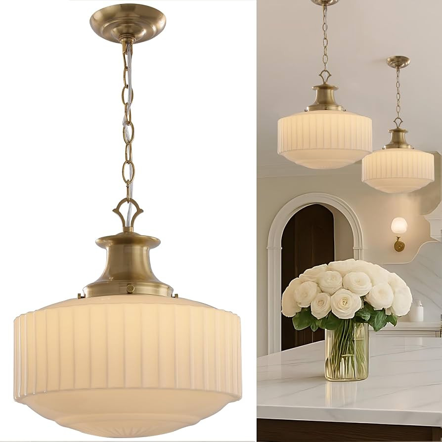 Vintage Milk Glass Pendant Light, 13.8" White Pleated Glass Chandelier, Antique Kitchen Ceiling L... | Amazon (US)