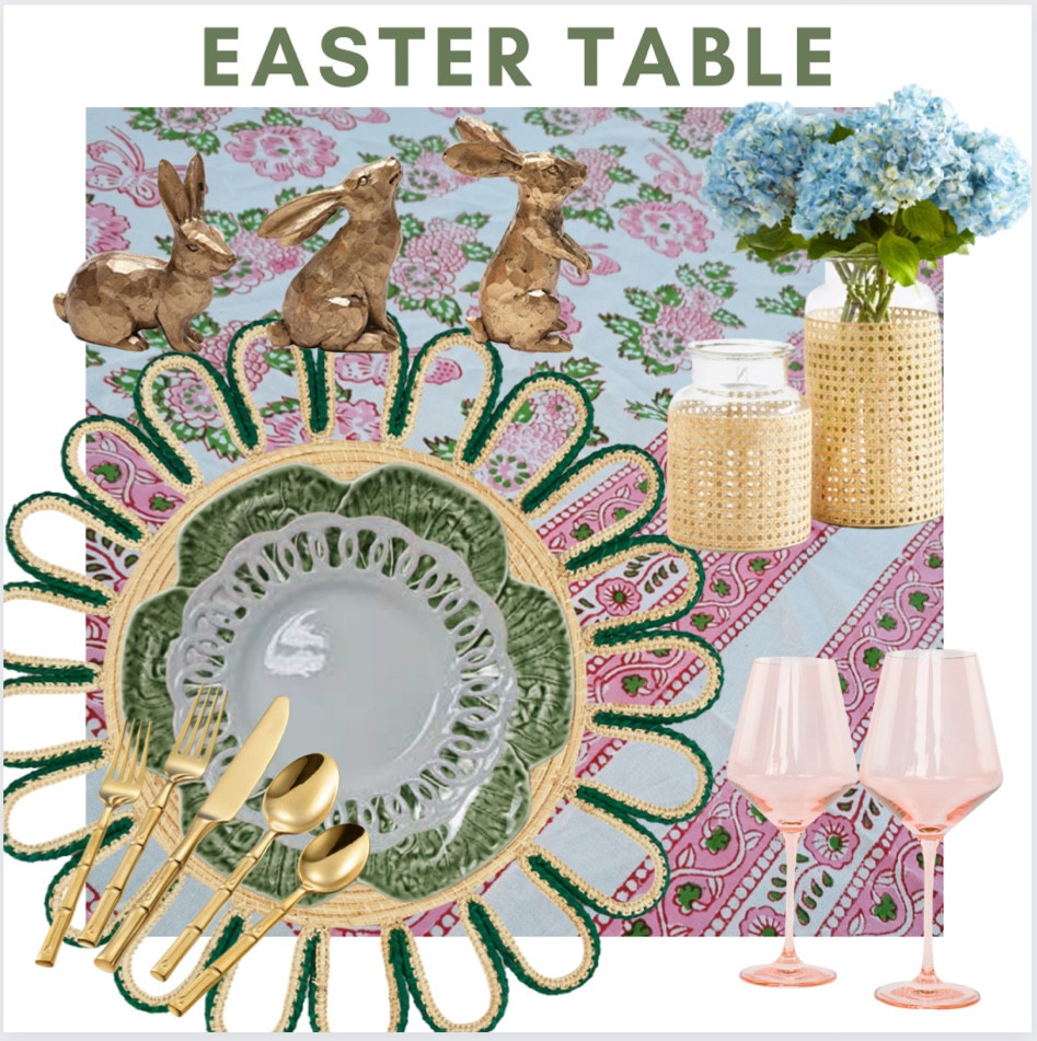 Easter Table setting // grandmillennial // preppy // hosting // Easter dinner // bunny rabbit decor // cane flower vase // woven placemat // cabbage plate // white plates // gold bamboo flatware // colored wine glasses // block print tablecloth 

#LTKSeasonal #LTKfamily #LTKhome