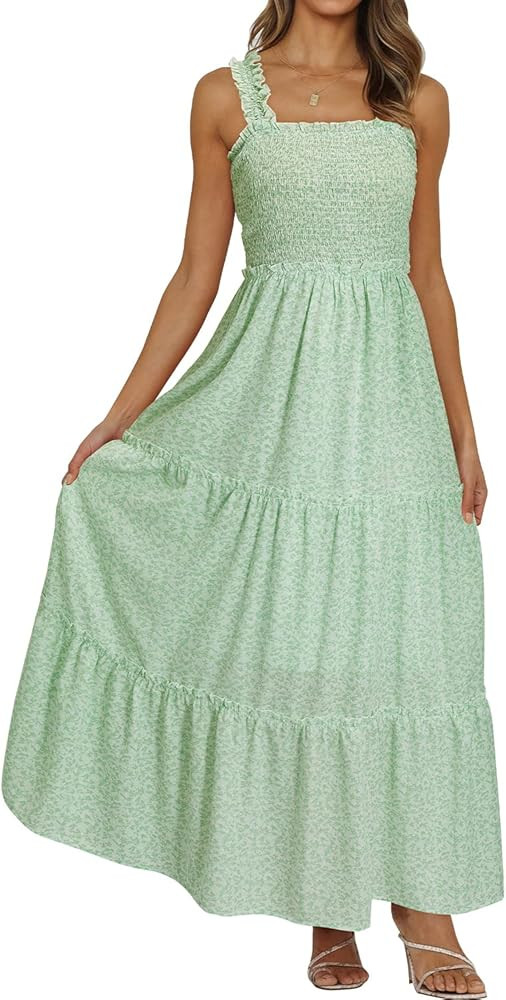 ULTRANICE Womens 2023 Summer Sun Dresses Floral Maxi Dresses Ruffle Square Neck Spaghetti Strap F... | Amazon (US)