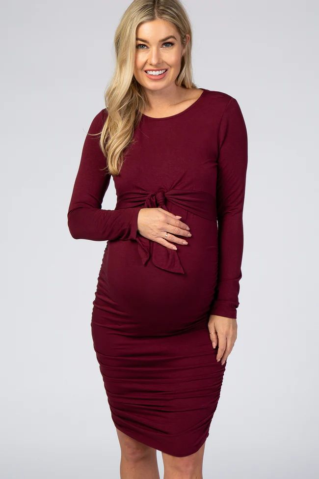 Burgundy Ruched Fitted Front Bow Maternity/Nursing Dress | PinkBlush Maternity