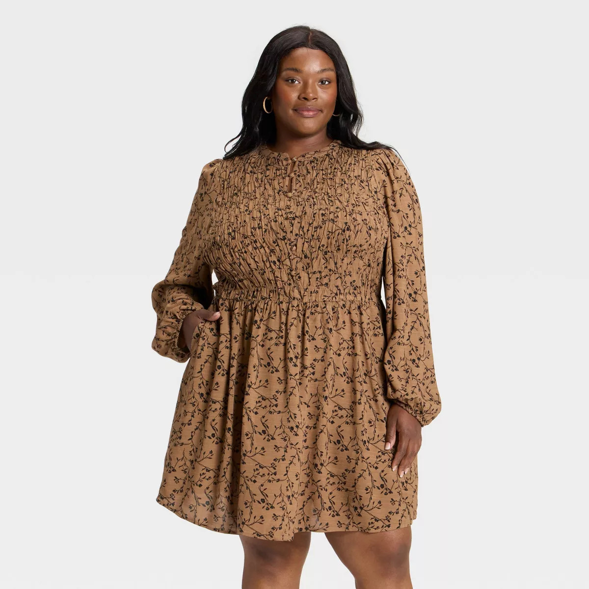 Women's Bishop Long Sleeve Button-Up Smocked Mini Dress - Ava & Viv™ Tan Floral 1X | Target