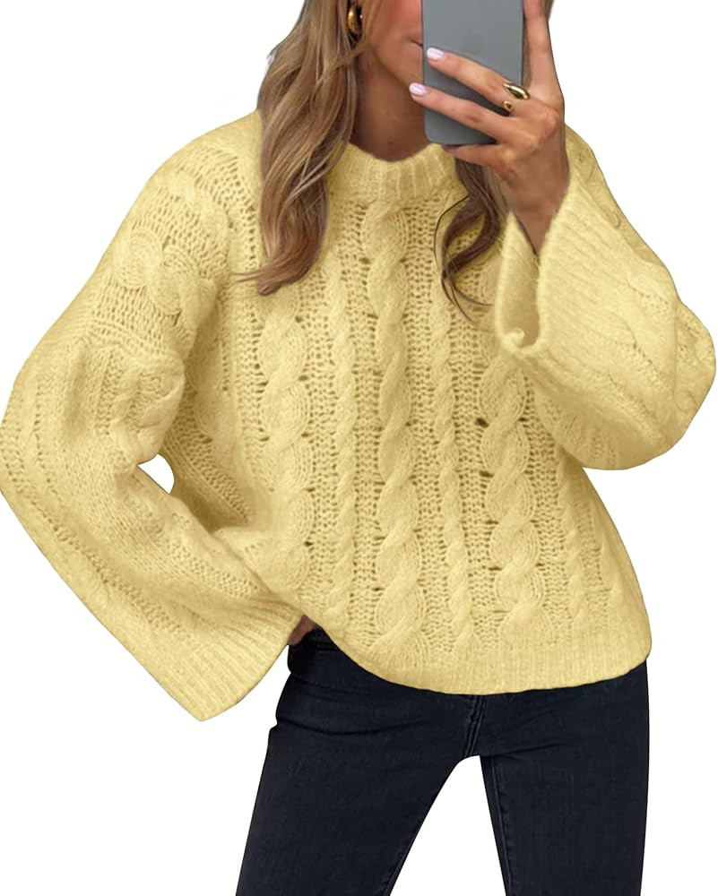 Women Cable Knit Sweater Vintage Crewneck Cute Pullover Fall Winter Oversize Soft Chunky Sweaters... | Amazon (US)