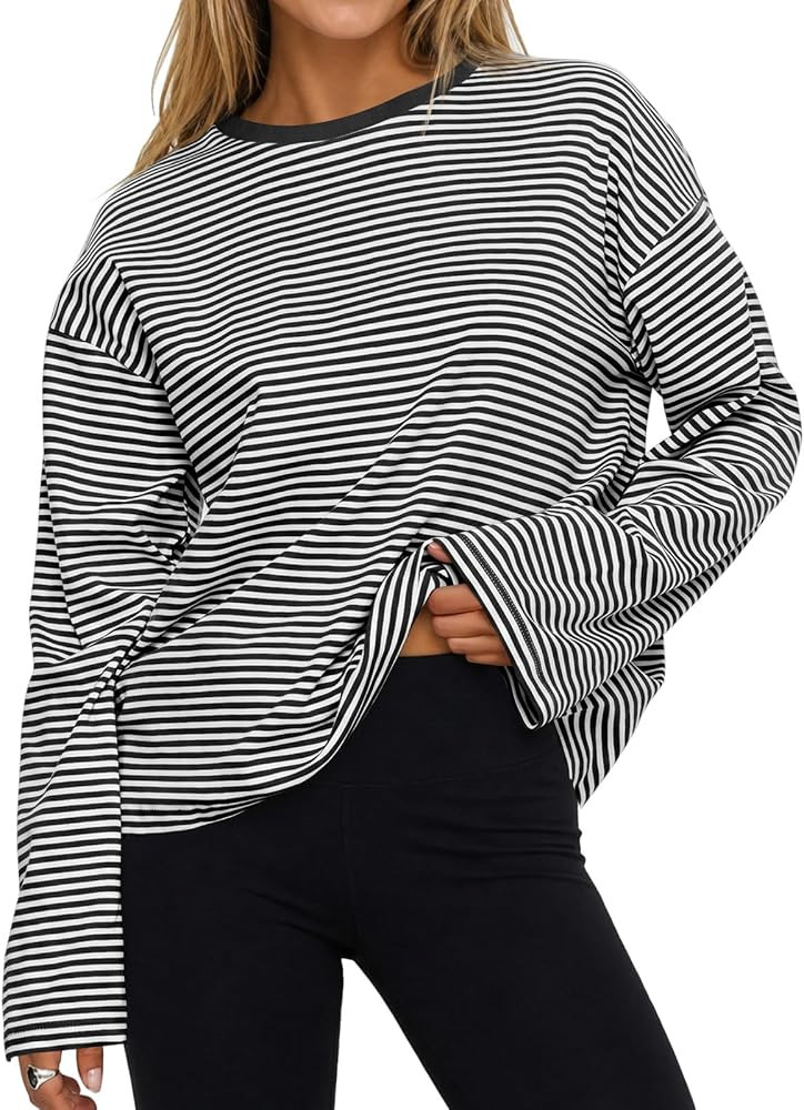 Flowyair Womens Oversized Striped Long Sleeve Shirts Casual Trendy Crew Neck Cotton Tops Drop Sho... | Amazon (US)