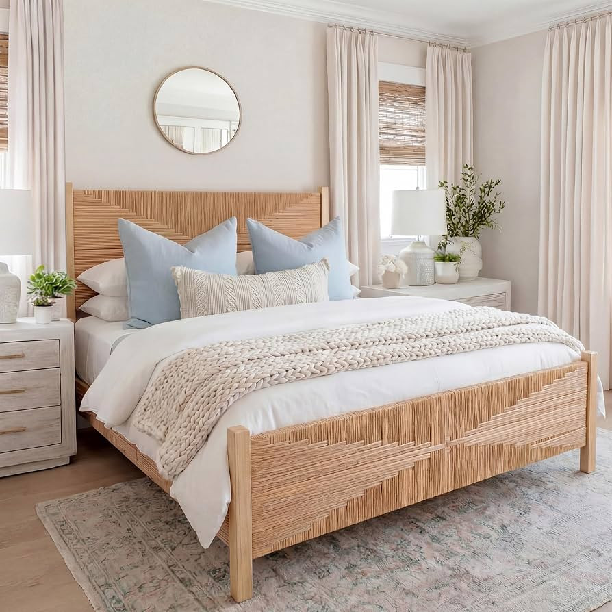 Yechen Solid Wood Rattan Queen Bed Frame with Tall Headboard and Footboard, Mid Century Modern Ha... | Amazon (US)
